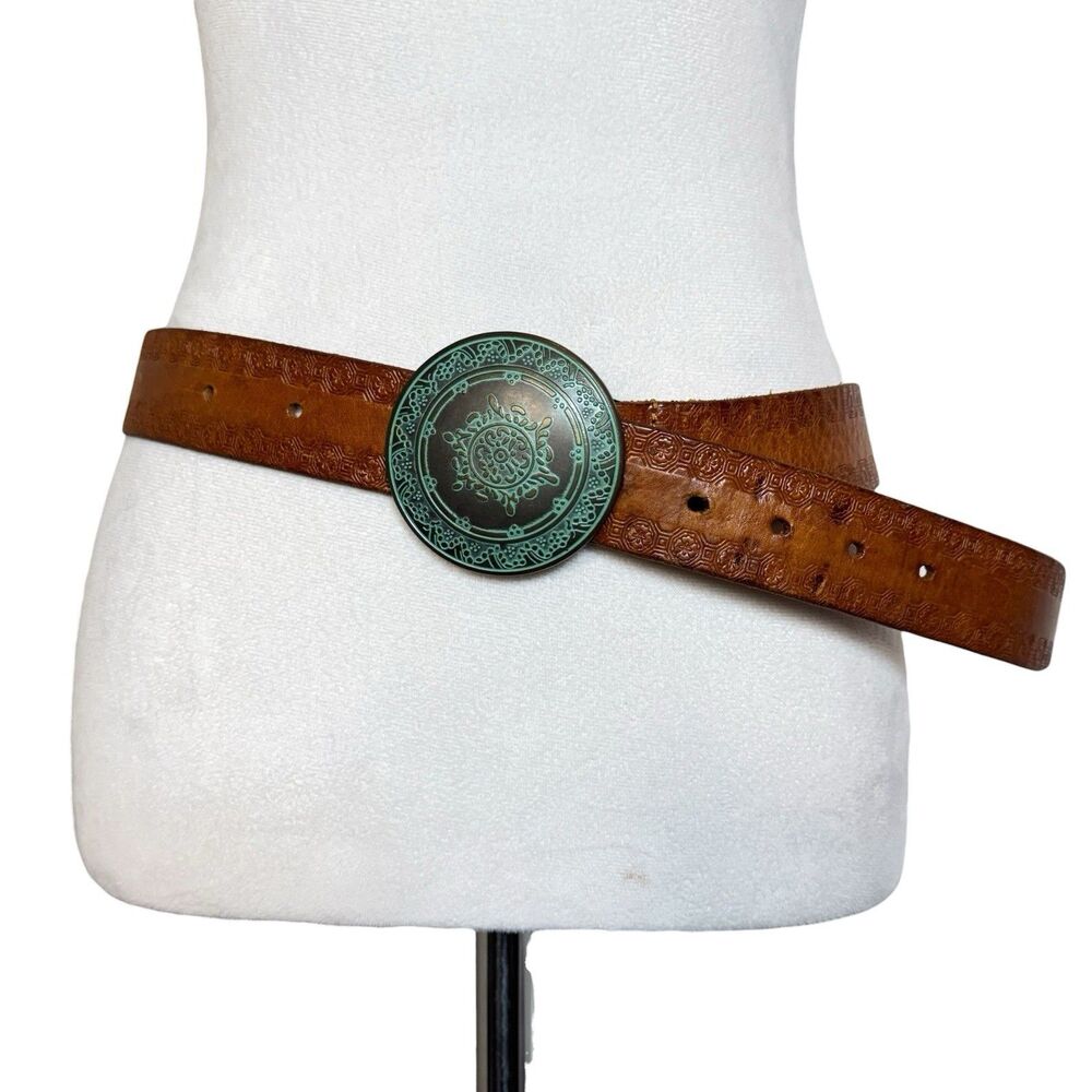 Linea Pelle Womens Embossed Western Leather Belt Size L Brown Big Buckle Y2K